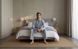 Foto van een man op bed die zich klaar maakt om goed te slapen