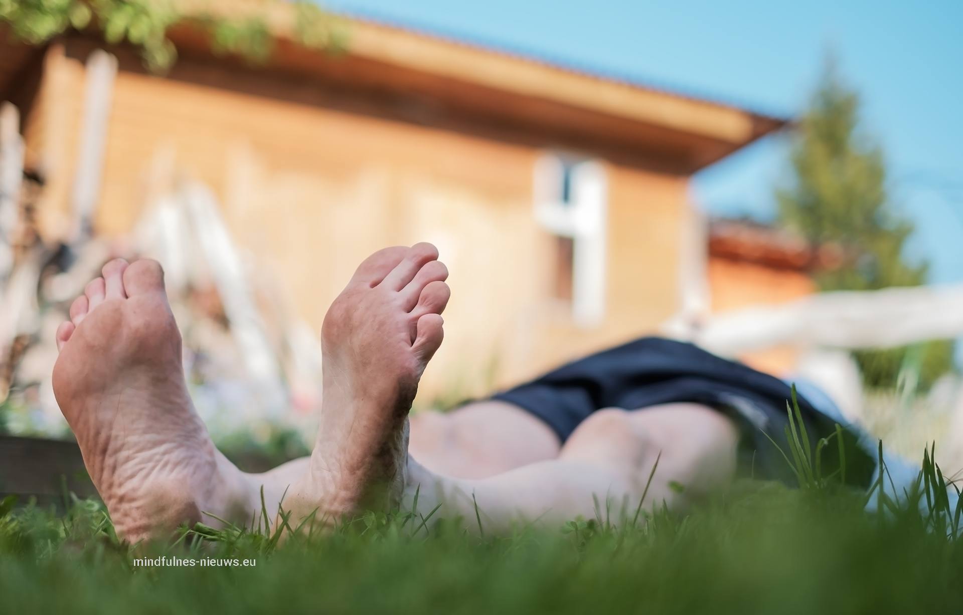 virtualisatieoefening foto van relaxe man liggend op gras